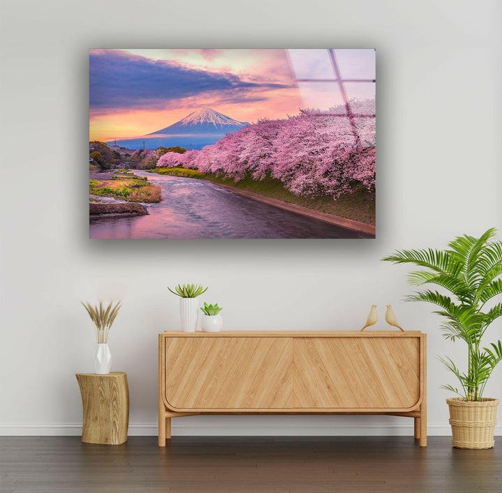 Serene River and Mount Fuji at Sunset – A Beautiful Glass Wall Decor
