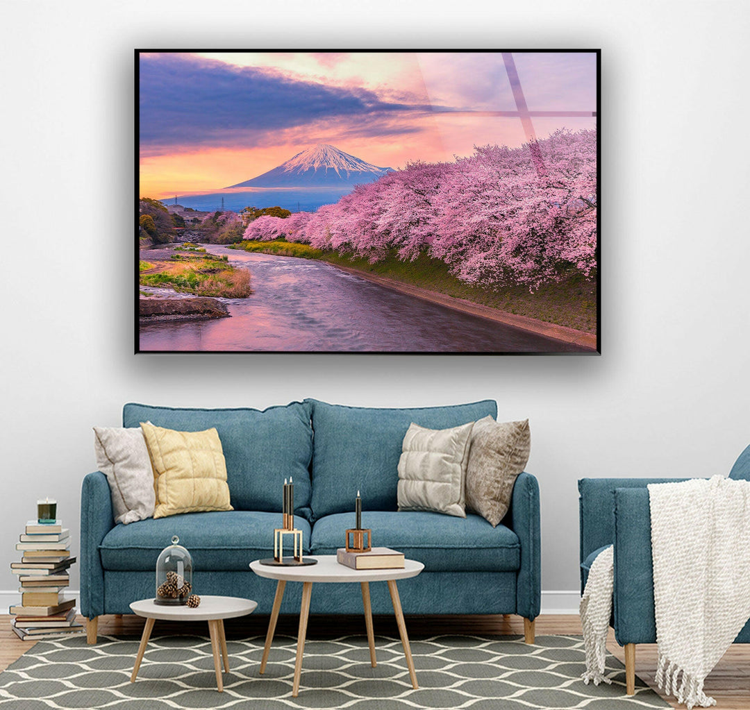 Mount Fuji and Sakura Blossoms at Dawn – A Stunning Glass Wall Piece
