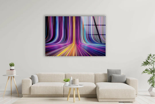 Vibrant neon color lines abstract glass wall artwork with a glossy finish, showcasing a modern and dynamic design.