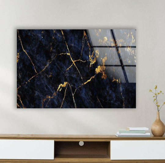 Dark blue marbled glass wall art with striking gold veining creates a unique modern wall decor statement.
