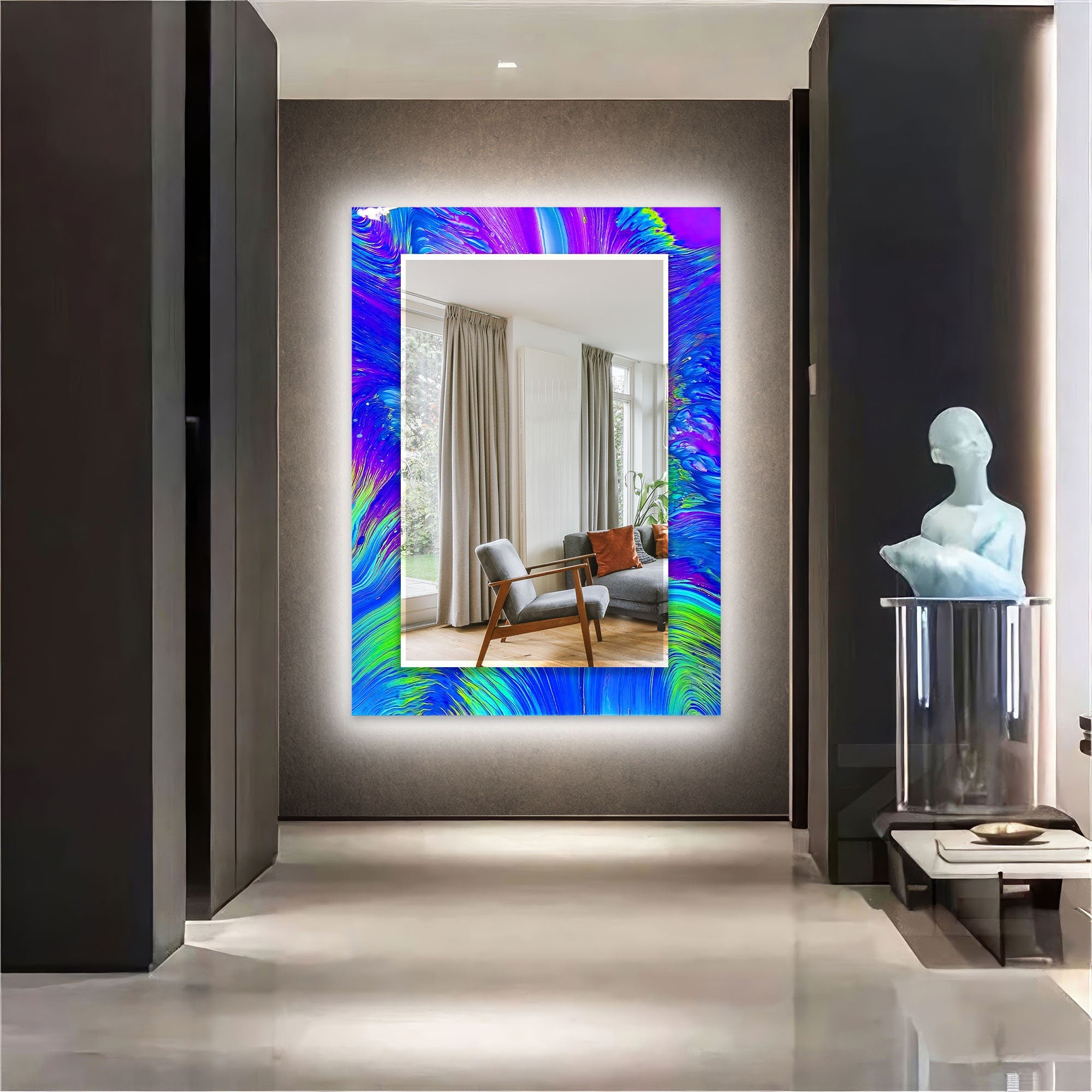 Abstract Tempered Glass Wall Mirror