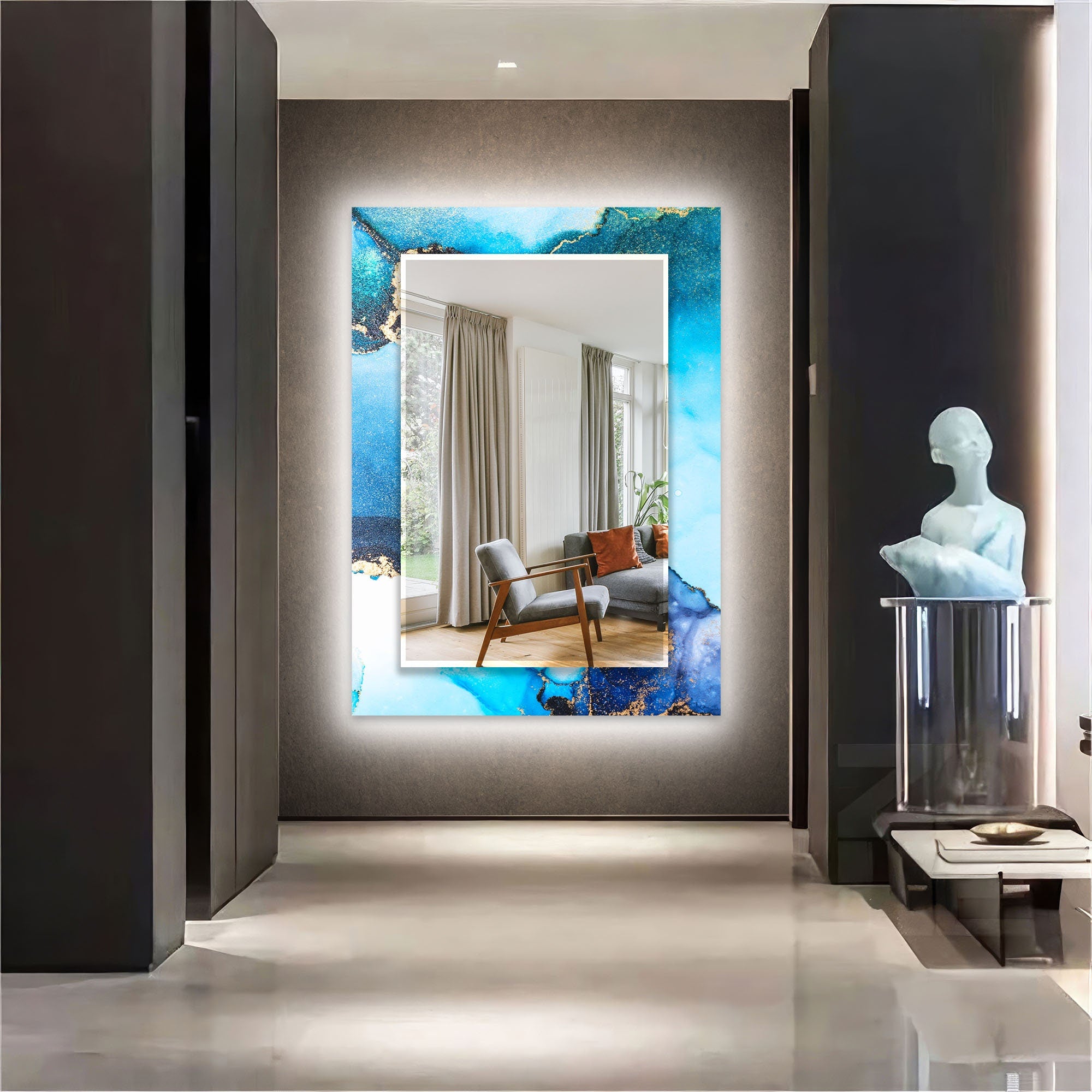 Abstract Tempered Glass Wall Mirror