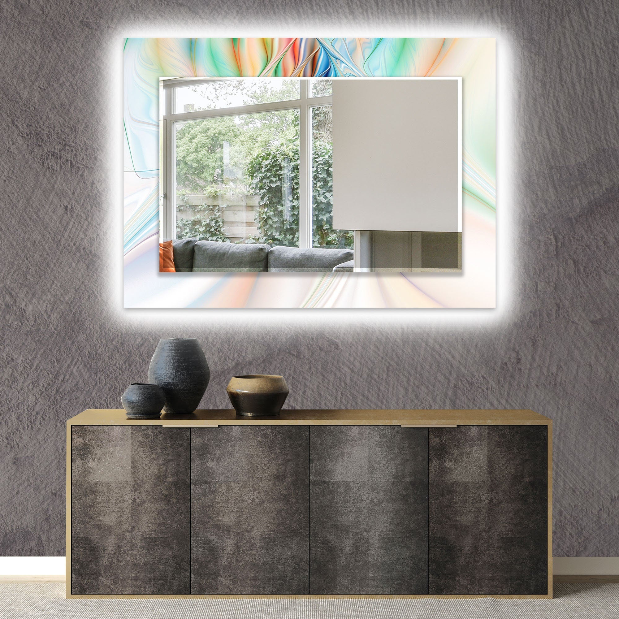 Abstract Tempered Glass Wall Mirror