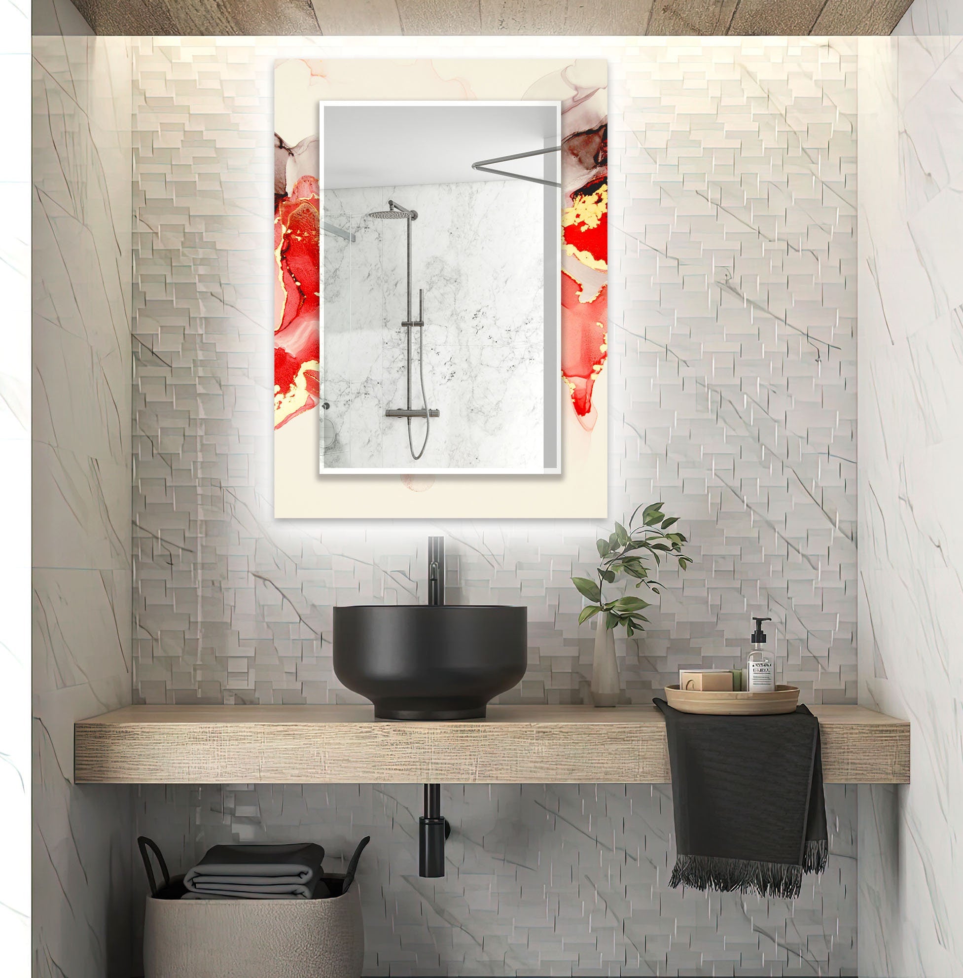 Abstract Tempered Glass Wall Mirror