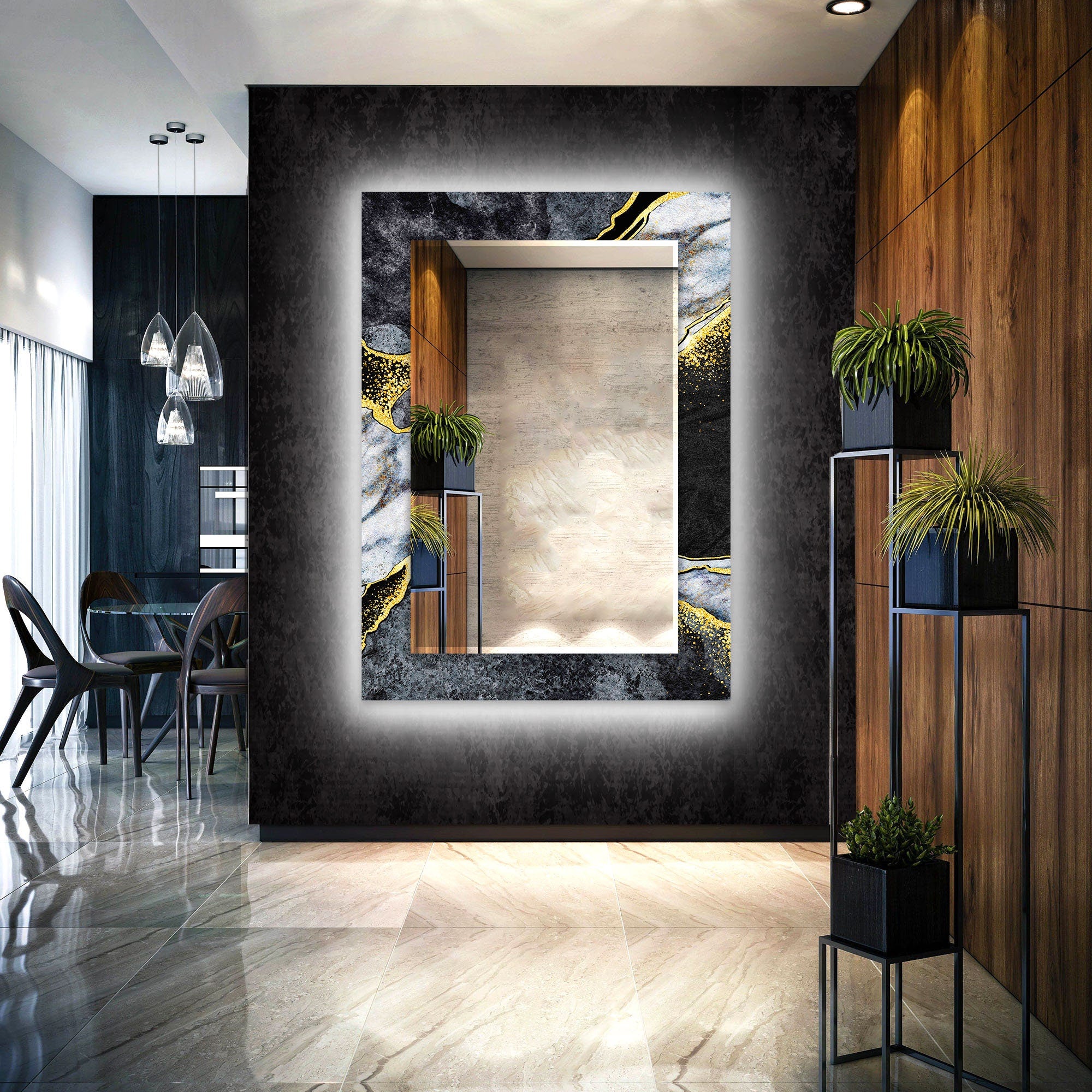 Abstract Tempered Glass Wall Mirror