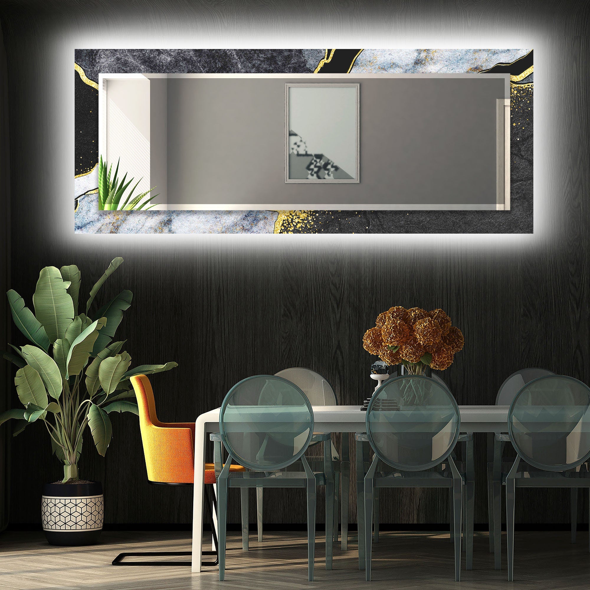 Abstract Tempered Glass Wall Mirror