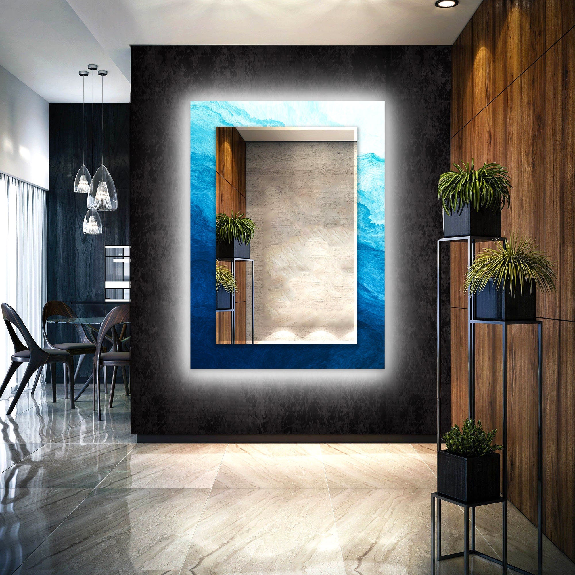 Abstract Tempered Glass Wall Mirror