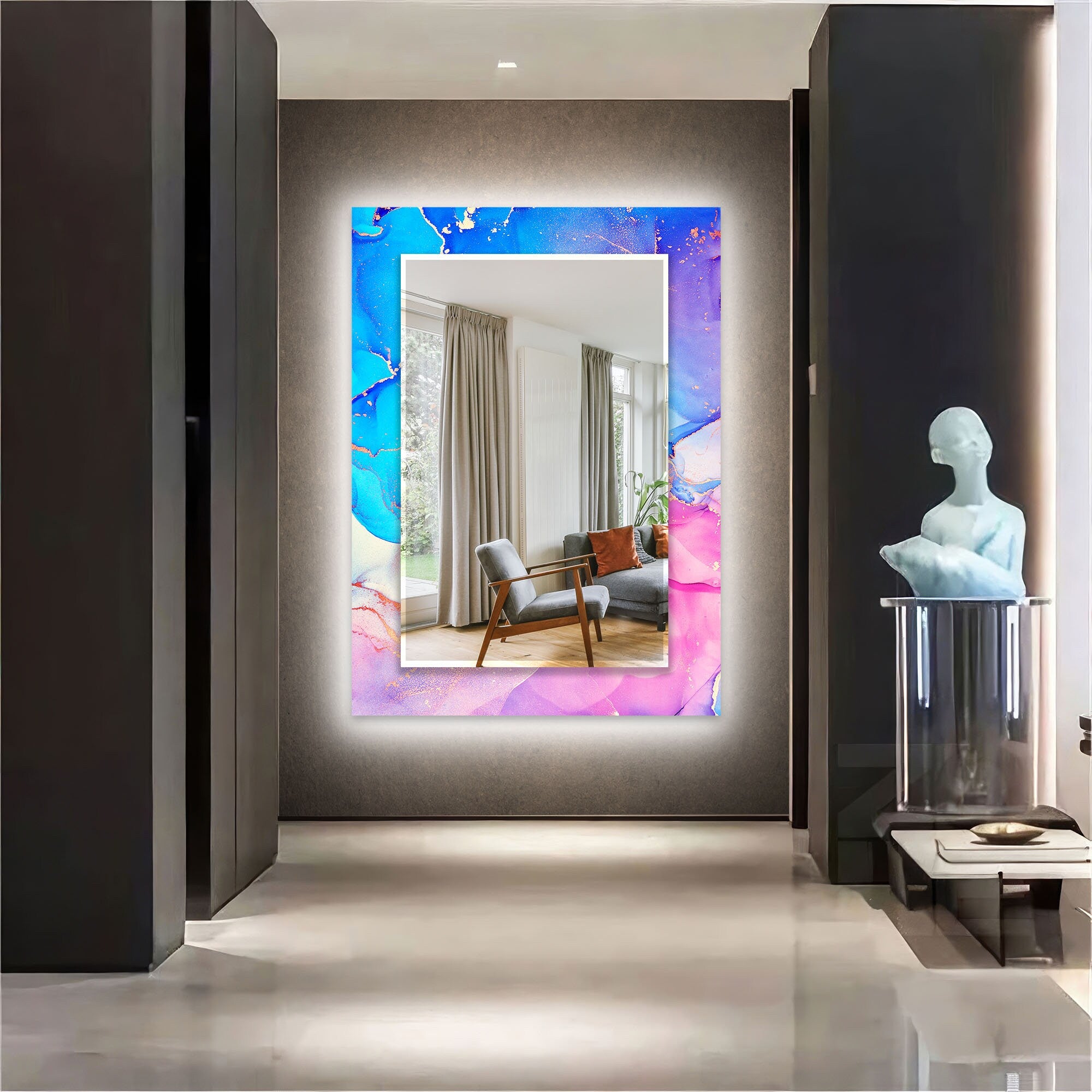 Abstract Tempered Glass Wall Mirror