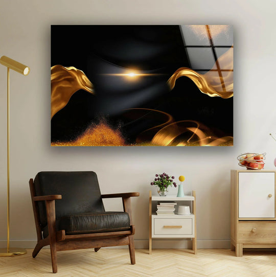 Bronze waves in abstract glass wall art showcase depth and layers, with shimmering golden particles creating a rich, multi-dimensional effect.