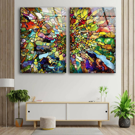 This abstract glass wall art features a colorful stained mosaic pattern and is a modern art piece and a vibrant home decor choice this stained glass artwork is a bright accent on a white wall