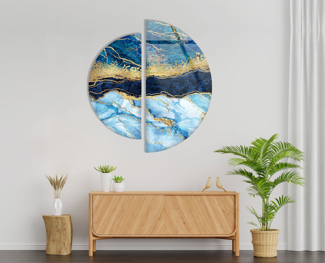 2 Piece Blue and Gold Abstract Tempered Glass Wall Art