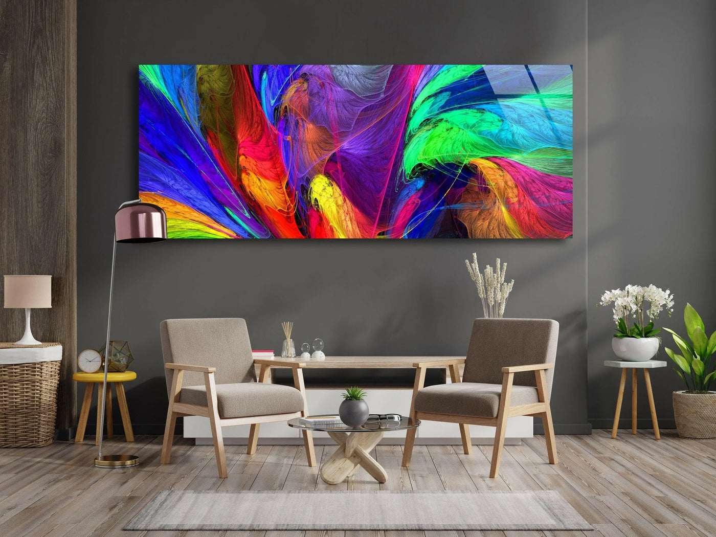 Dominant hues of purple, blue, and green define this modern, colorful abstract glass art, showcasing a vibrant piece of tempered glass art.