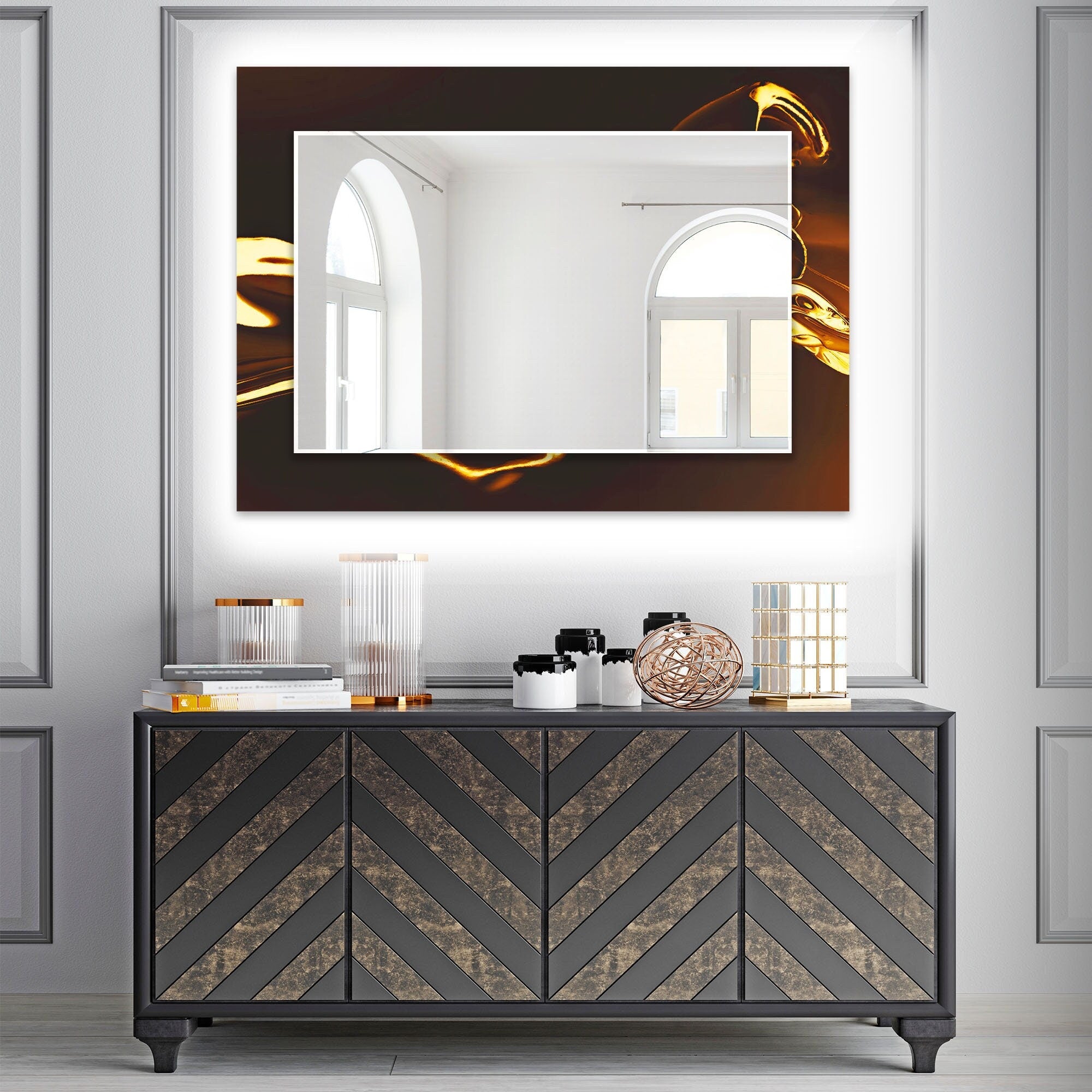 Abstract Tempered Glass Wall Mirror