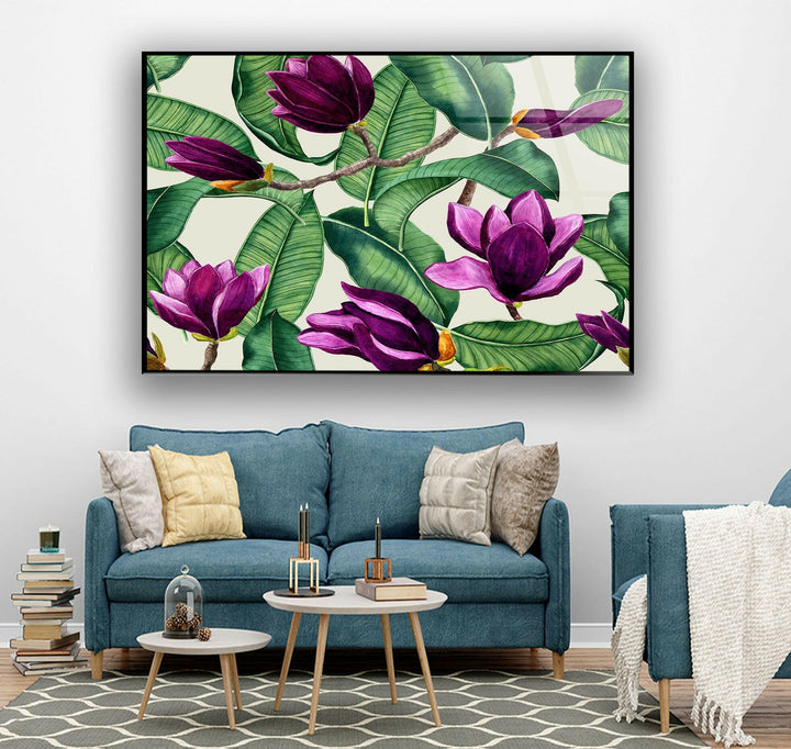 Watercolor Purple Magnolia Flower Glass Wall Art, large glass photo prints, glass wall photos
