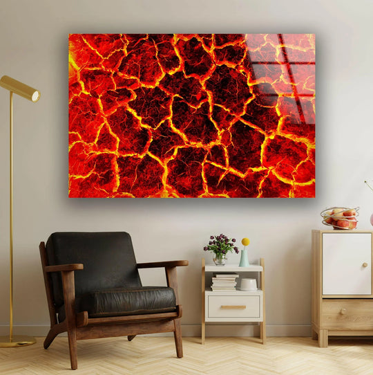 Red magma lava glass wall art prints crackle and flow like molten rock in a dynamic, fiery display.