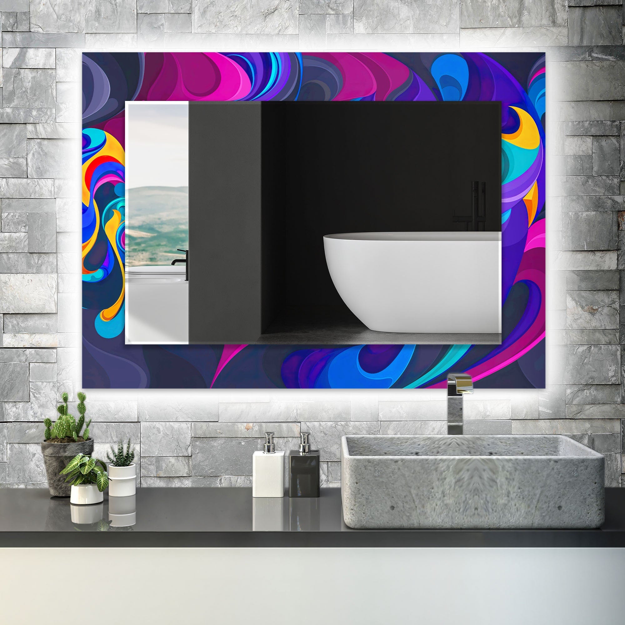 Abstract Tempered Glass Wall Mirror