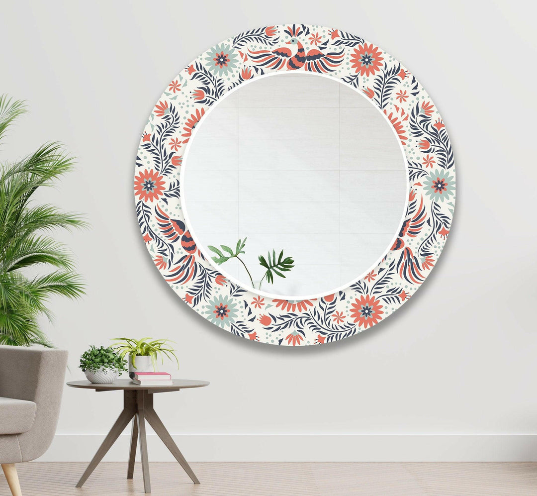 White & Orange Flowers Round Wall Mirror Large Wall Mirror
