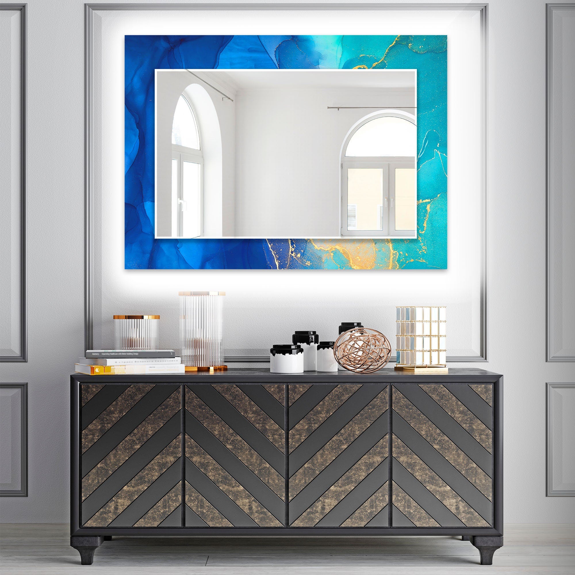 Abstract Tempered Glass Wall Mirror