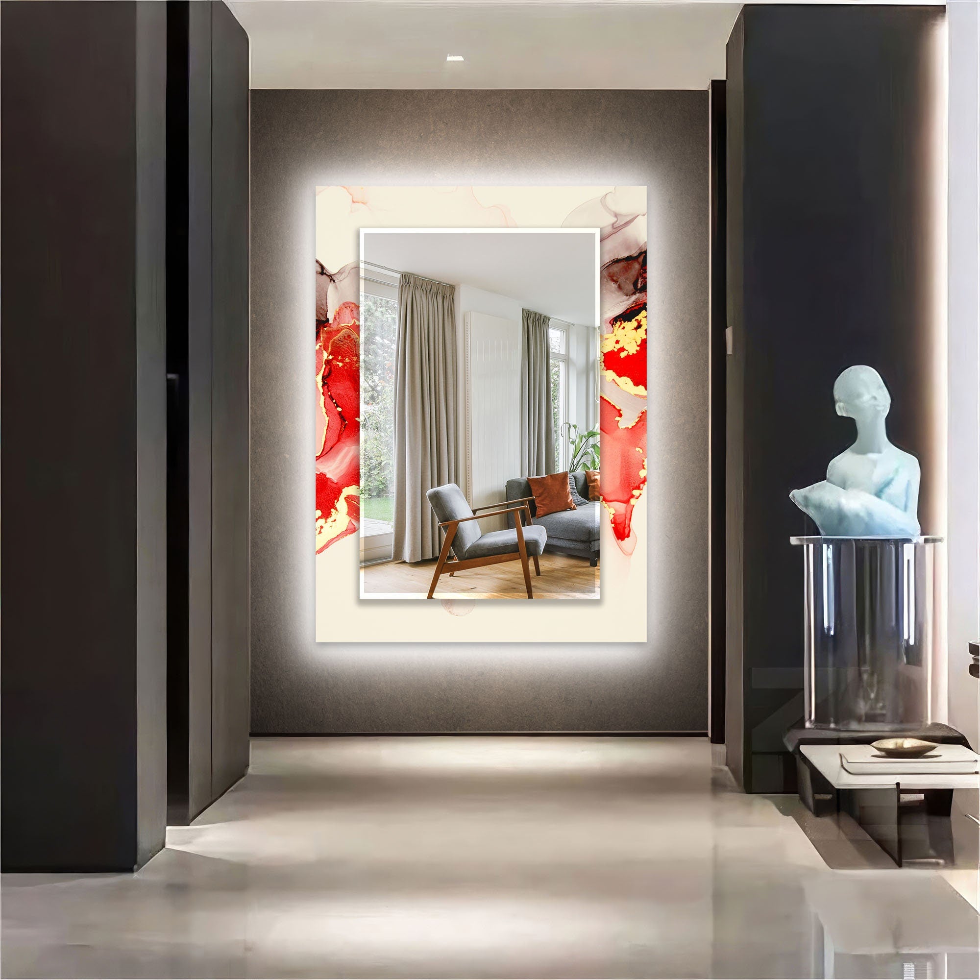 Abstract Tempered Glass Wall Mirror