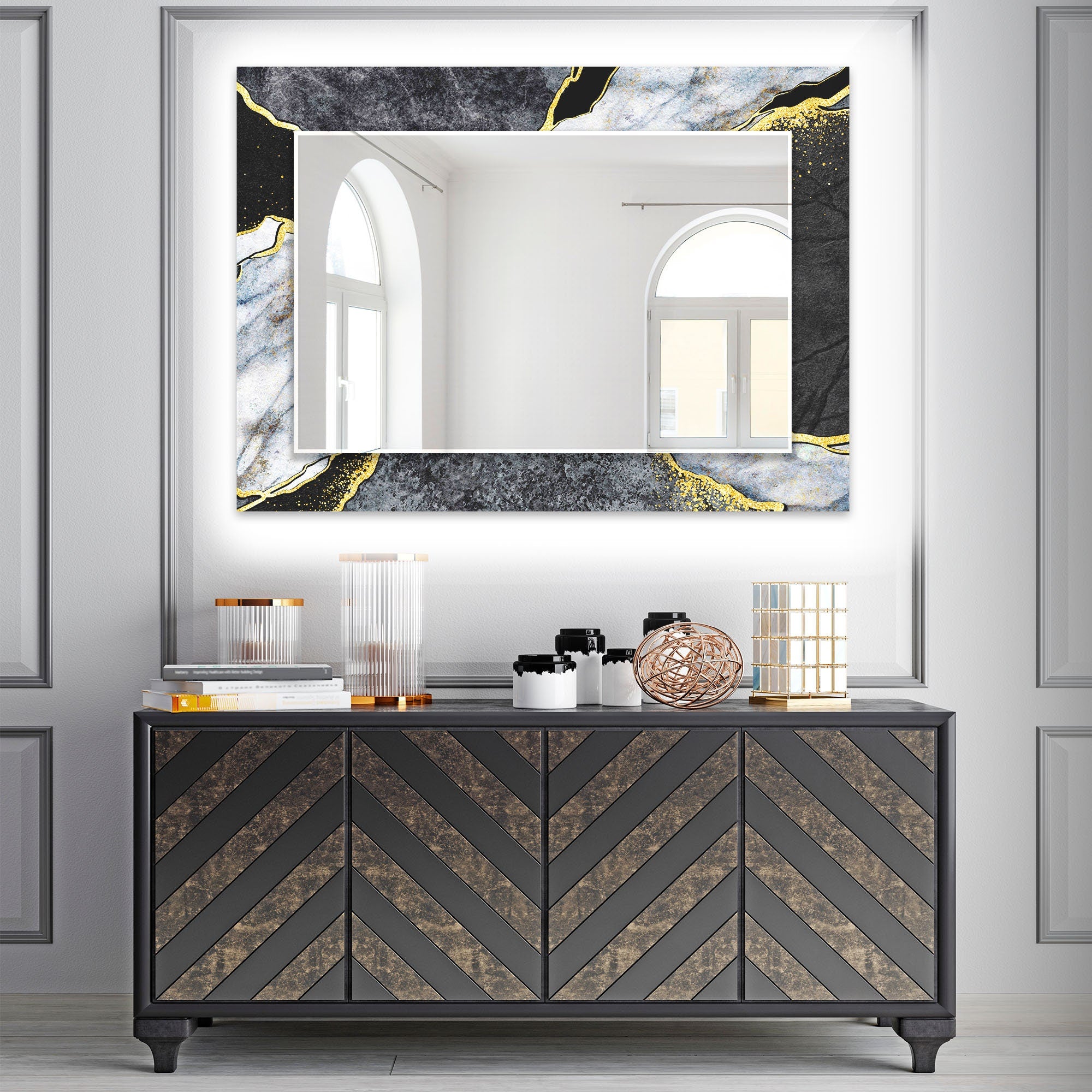 Abstract Tempered Glass Wall Mirror
