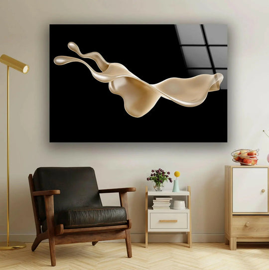 Realistic detail of a golden fluid splash captured on glass print wall art.