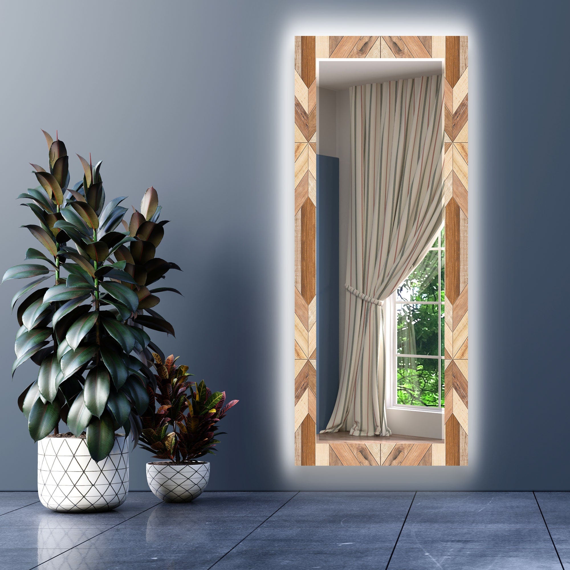 Wood Pattern Tempered Glass Wall Mirror