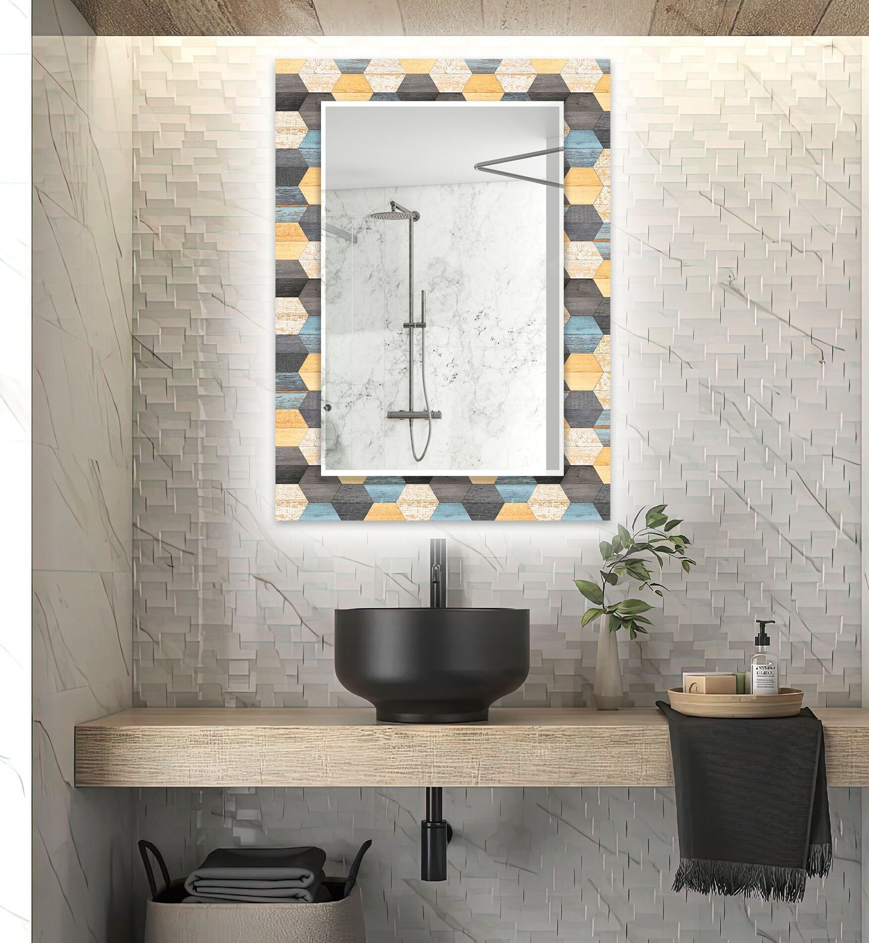 Wood Pattern Tempered Glass Wall Mirror