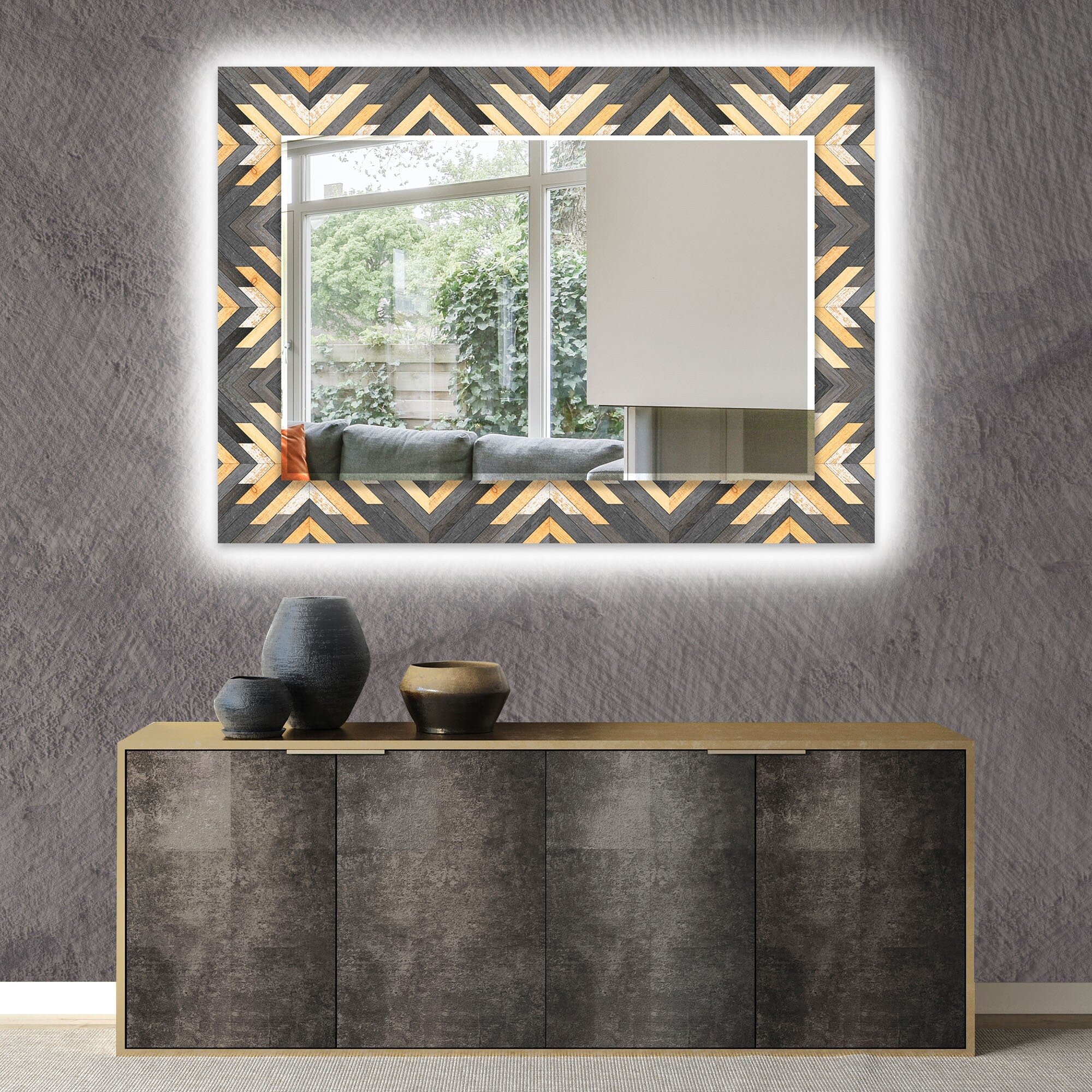 Wood Pattern Tempered Glass Wall Mirror