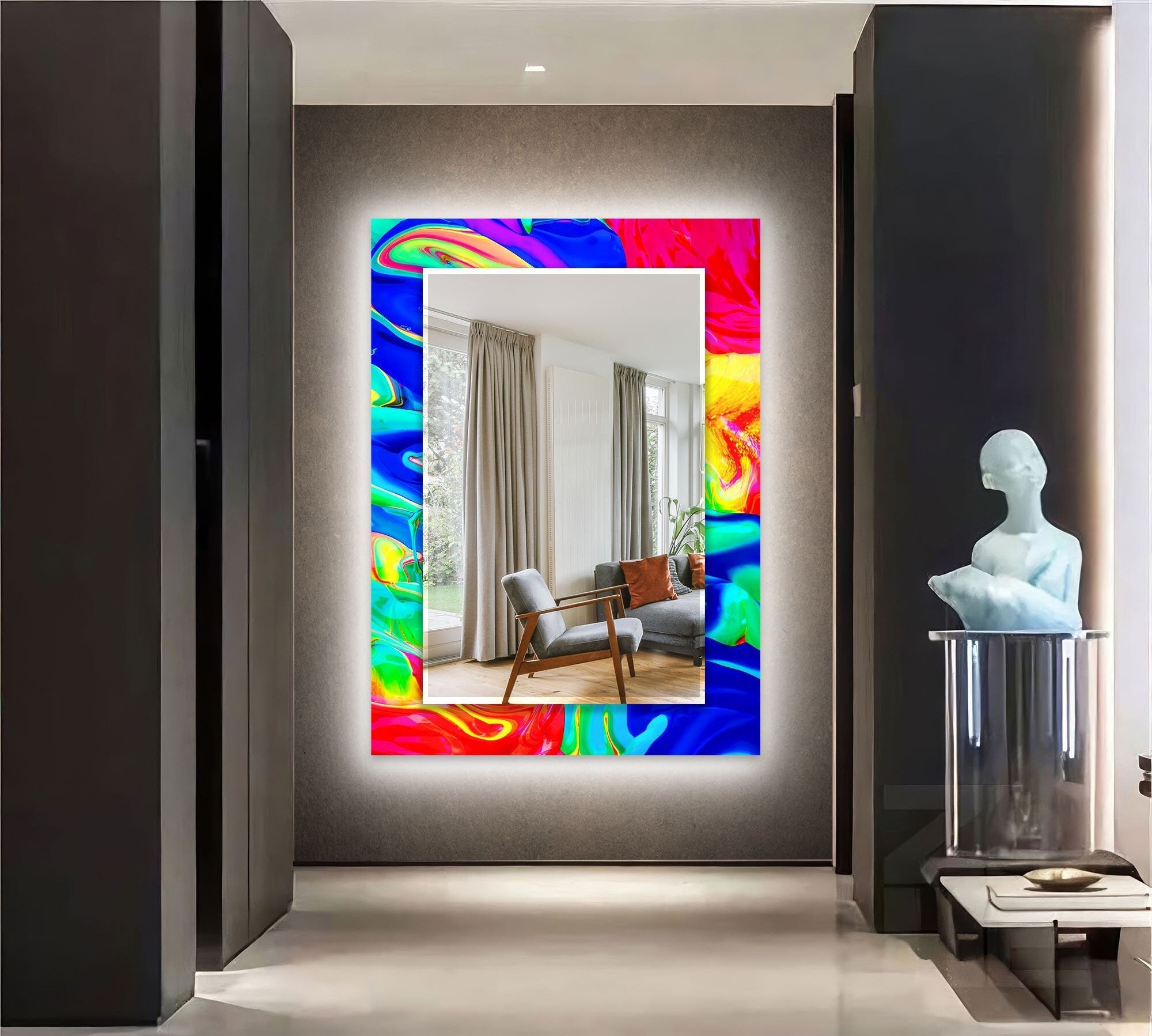 Abstract Tempered Glass Wall Mirror