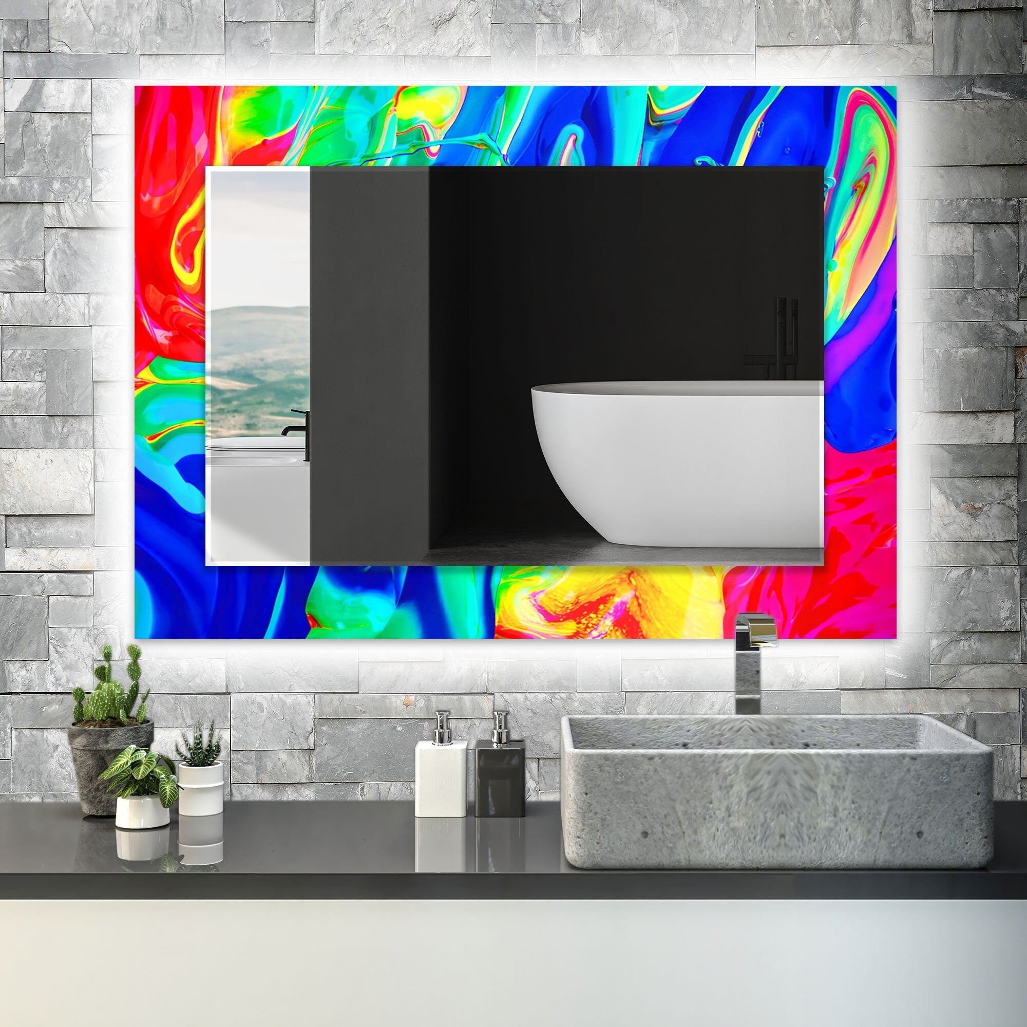 Abstract Tempered Glass Wall Mirror
