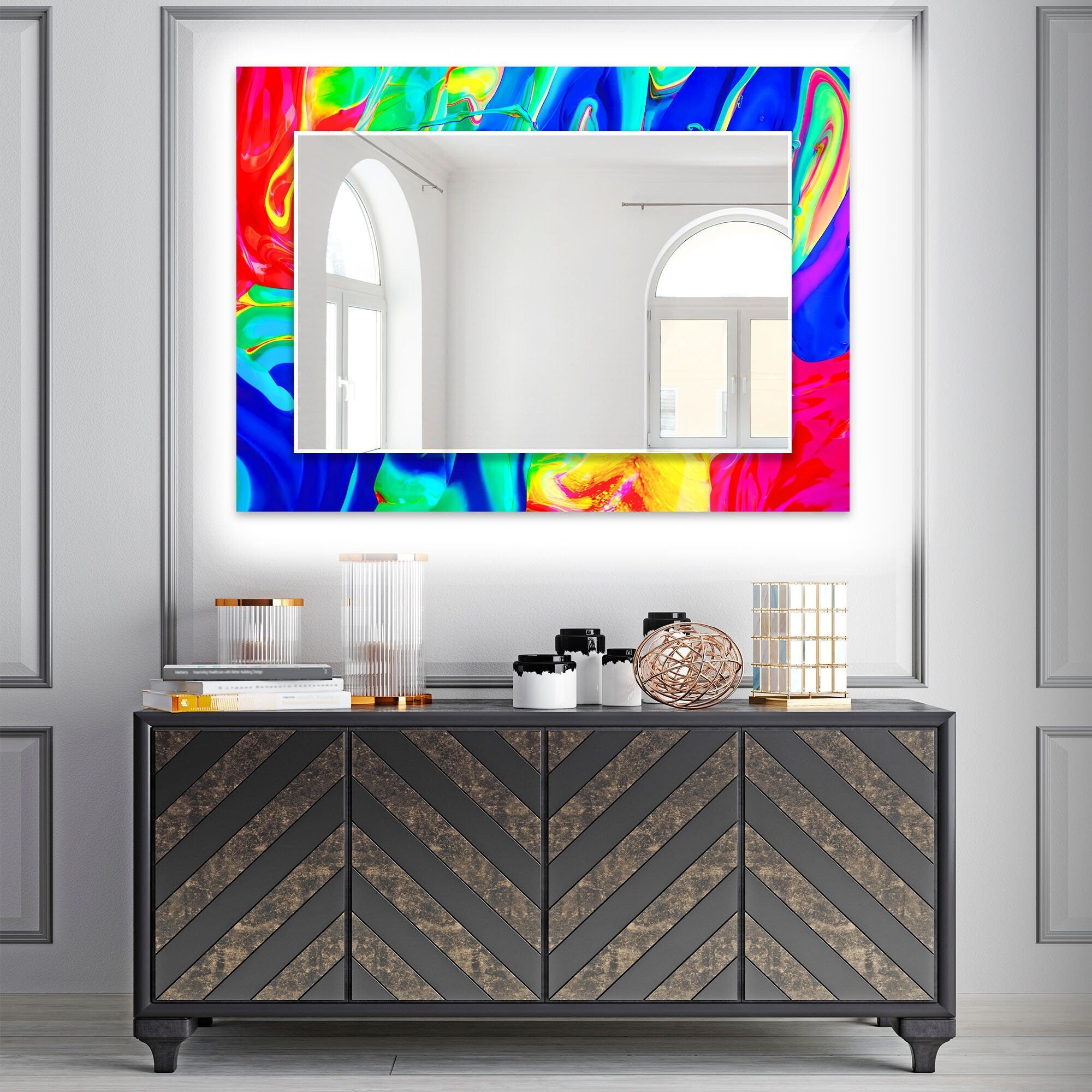 Abstract Tempered Glass Wall Mirror