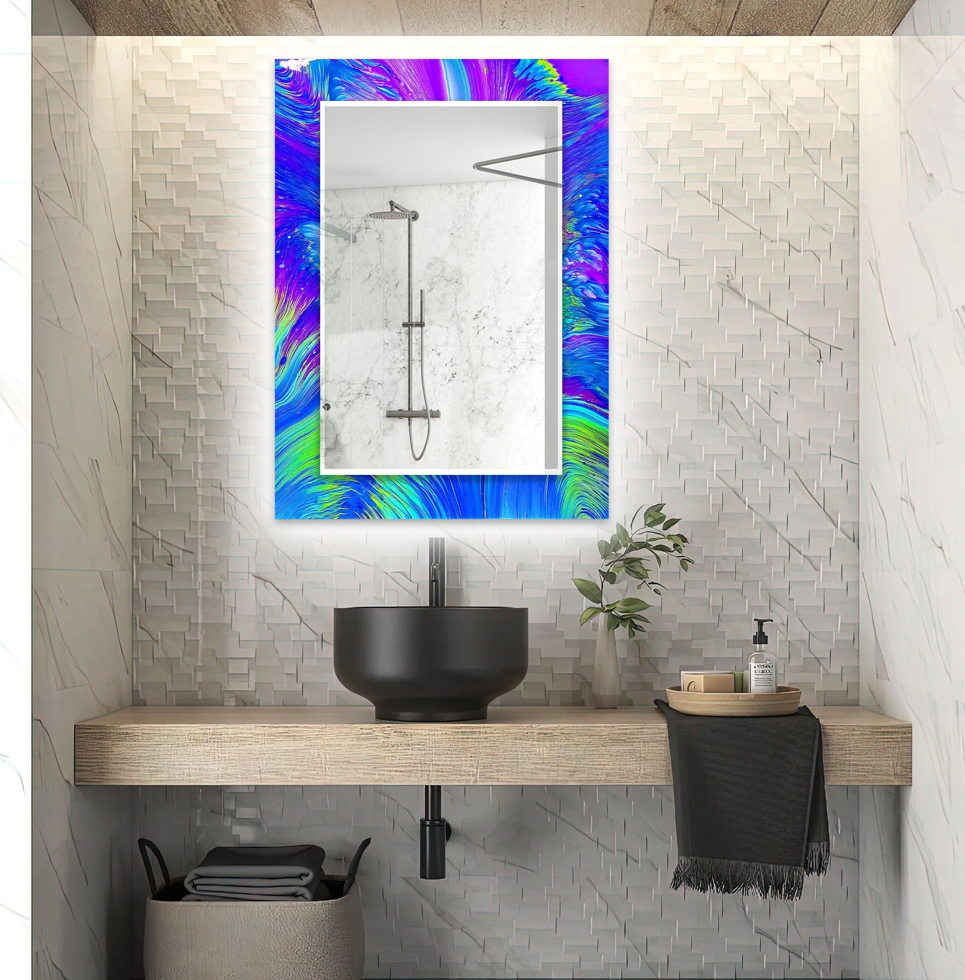 Abstract Tempered Glass Wall Mirror