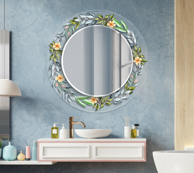 Flower Round Tempered Glass Wall Mirror