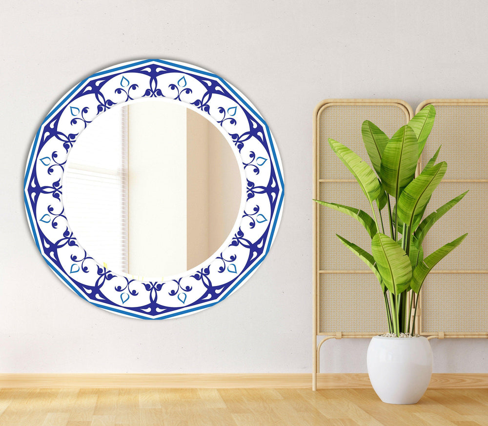 Mandala White & Blue Round Wall Mirror Mosaic Wall Mirror