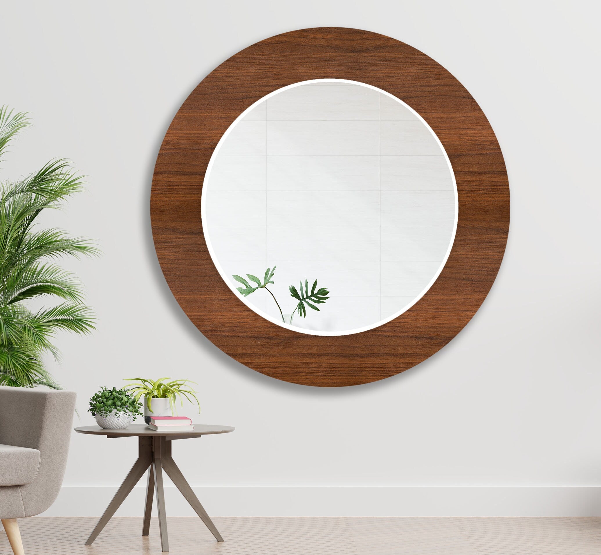 Wooden Round Tempered Glass Wall Mirror