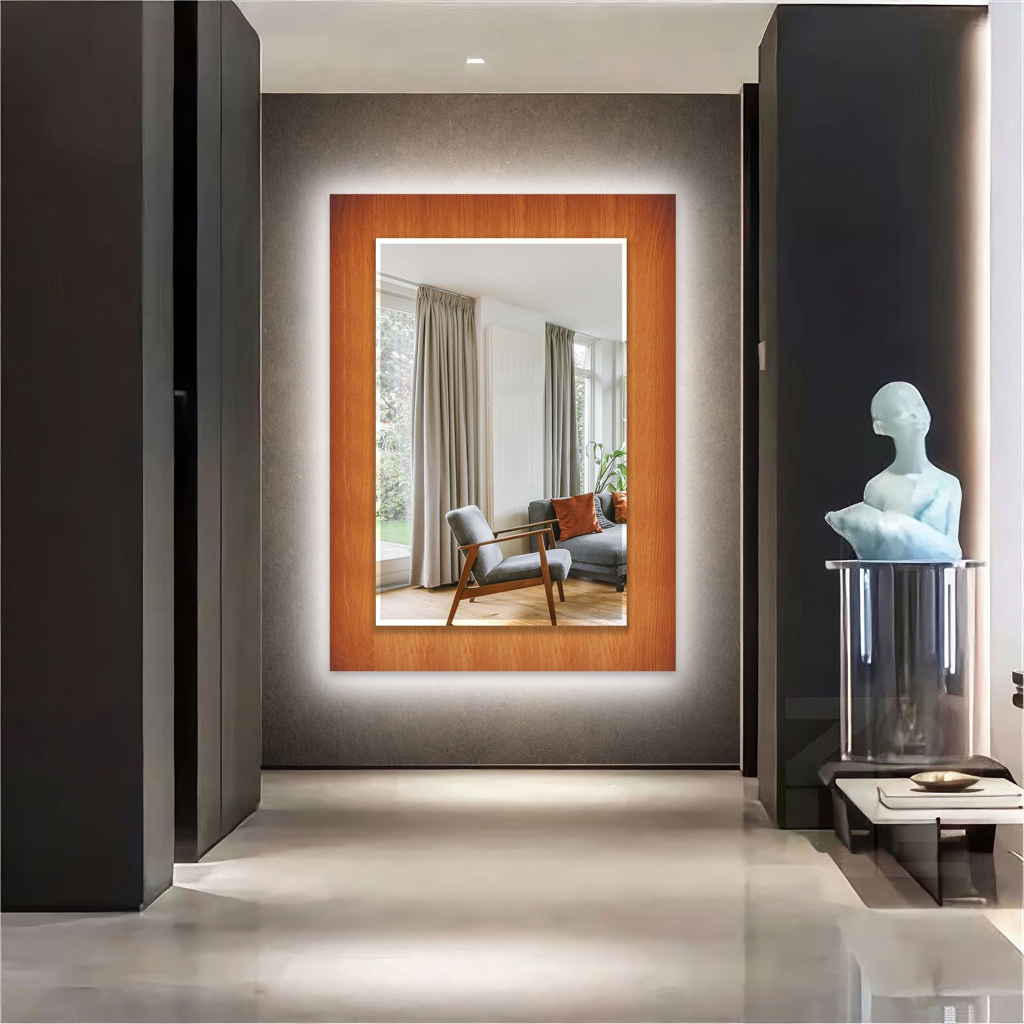 Wood Pattern Tempered Glass Wall Mirror