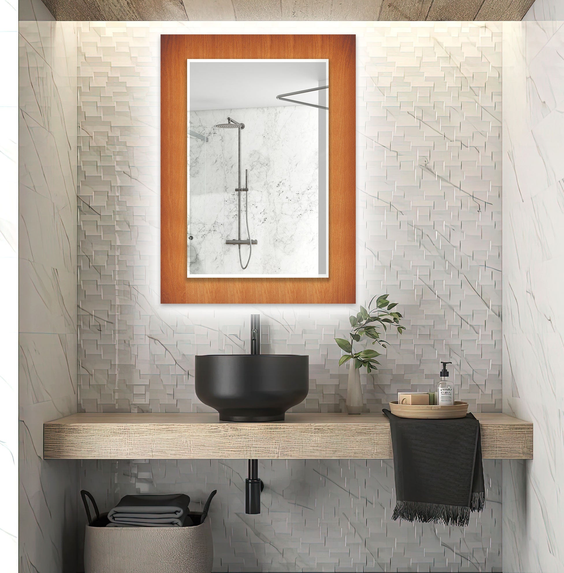 Wood Pattern Tempered Glass Wall Mirror