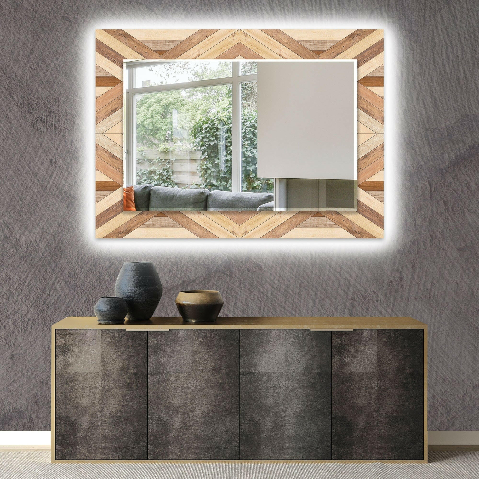 Wood Pattern Tempered Glass Wall Mirror