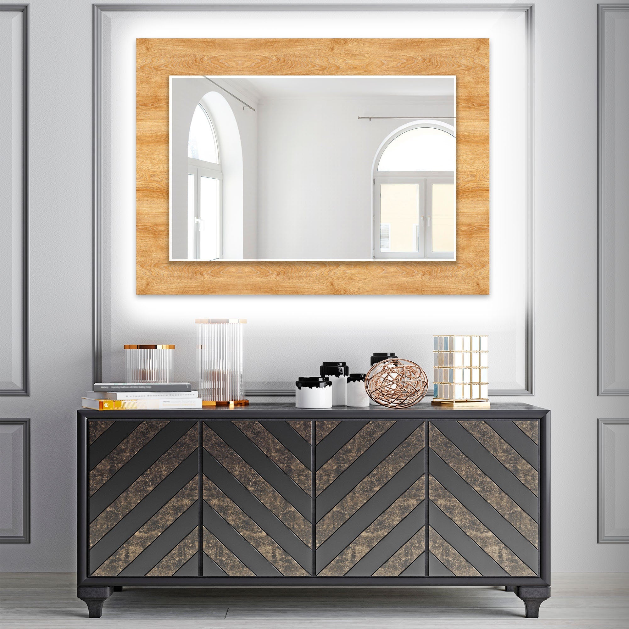 Wood Pattern Tempered Glass Wall Mirror