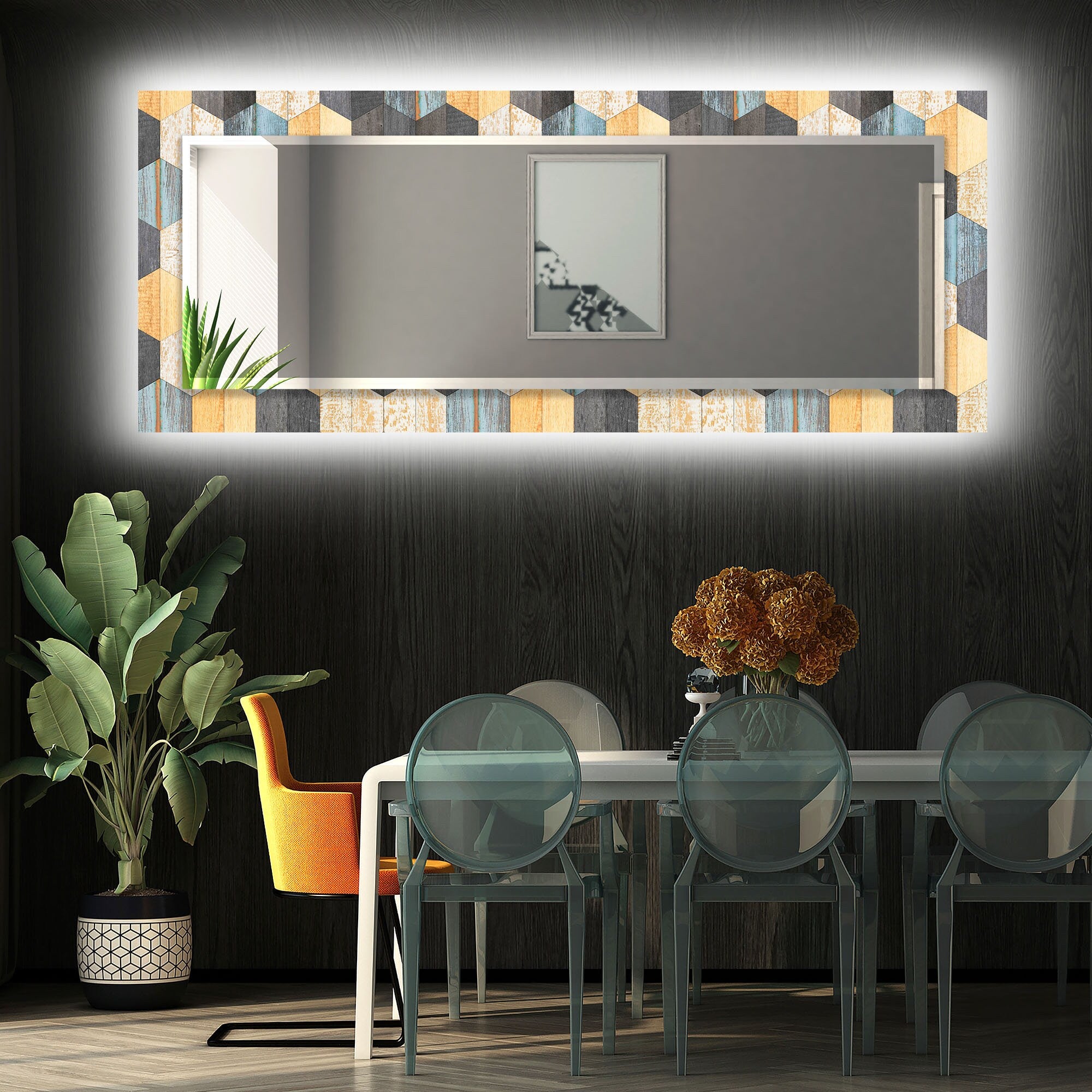 Wood Pattern Tempered Glass Wall Mirror