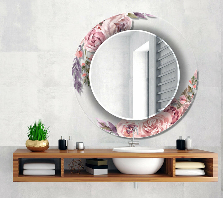Transparent Pink Rose Round Wall Mirror Long Mirror
