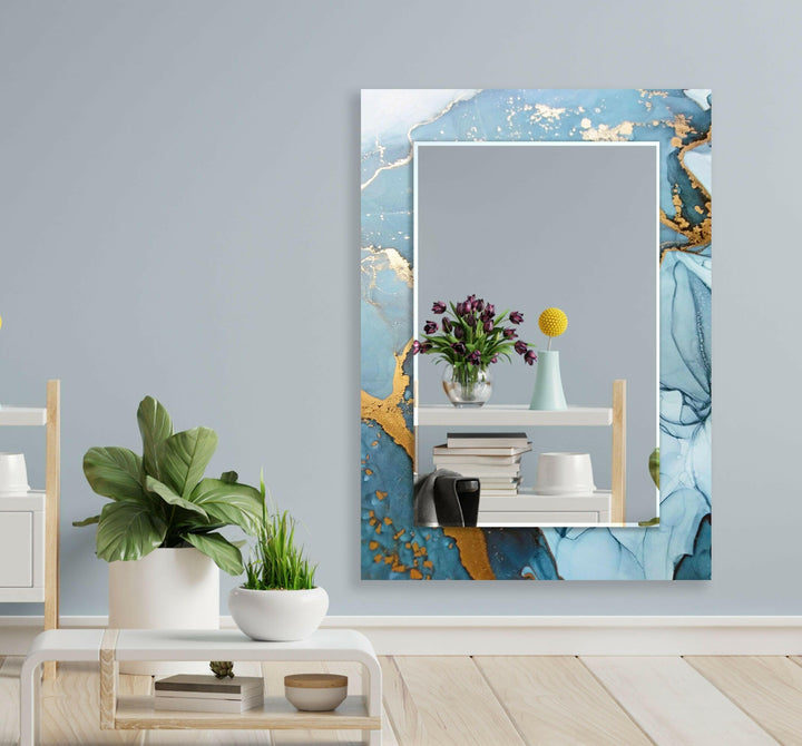 Light Blue Golden Detail Wall Mirror Wood Mirror
