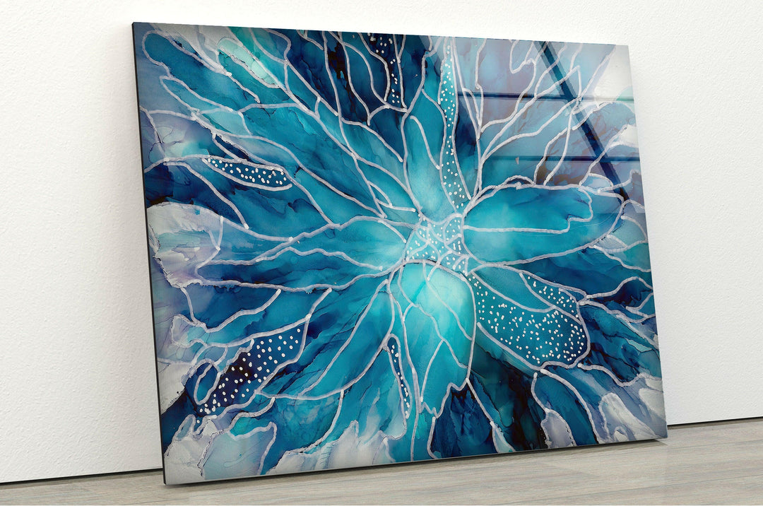 Stained Silver and Blue Flower Tempered Glass Wall Art - MyPhotoStation
