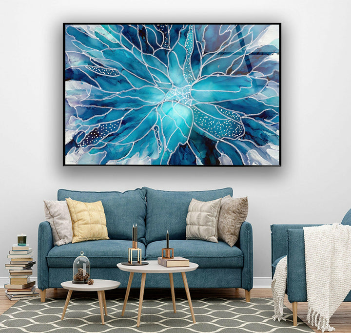 Stained Silver and Blue Flower Tempered Glass Wall Art - MyPhotoStation - Discover unique Glass Wall Pictures and Art for every room. Our collection includes modern glass wall art, beautiful glass panel artwork, and personalized glass photo prints. Perfect for creating a stylish and vibrant home. Enjoy free shipping and secure packaging on all orders.