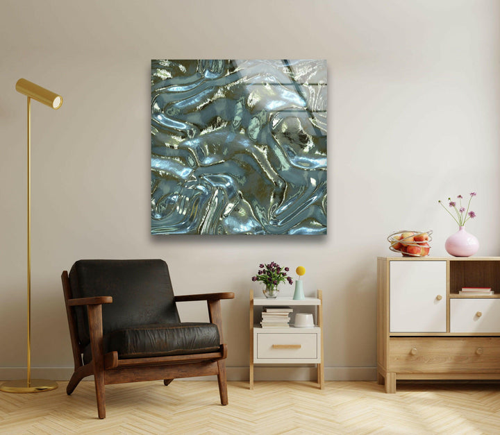 Glänzende blaue Wellen Glaswandkunst