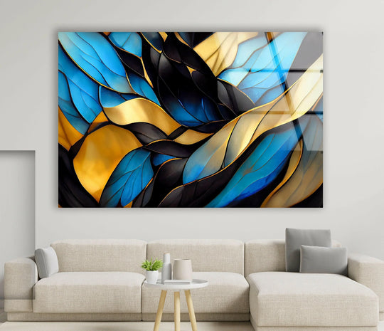 Horizontal abstract glass art depicting organic, wave-like shapes in sapphire blue, black, and shimmering gold.