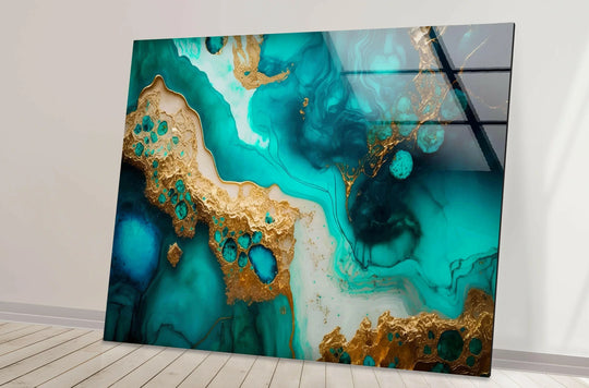 Vivid cyan mint abstract alcohol ink glass wall art decor featuring swirling turquoise and gold marbling patterns.