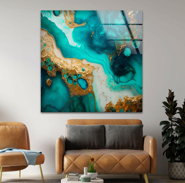 Leuchtende Cyan-Mint-Alkoholtinte Glaswandkunst