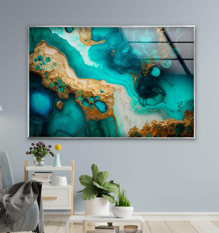 Leuchtende Cyan-Mint-Alkoholtinte Glaswandkunst