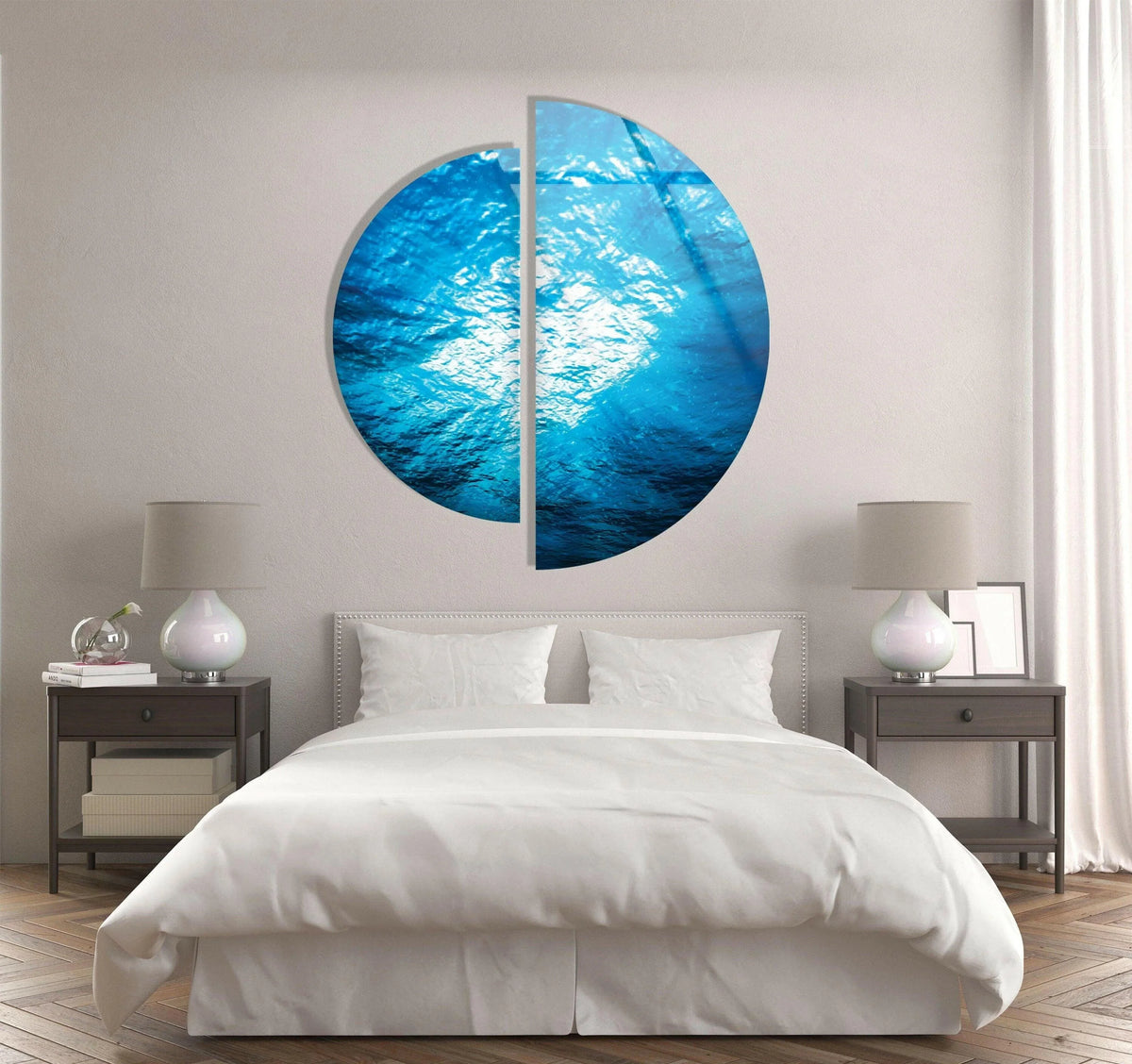 Intense color saturation highlights the vibrant, azure hues in this set of 2 Half Circle Ocean Deep View tempered glass wall art, bringing an underwater ambiance.
